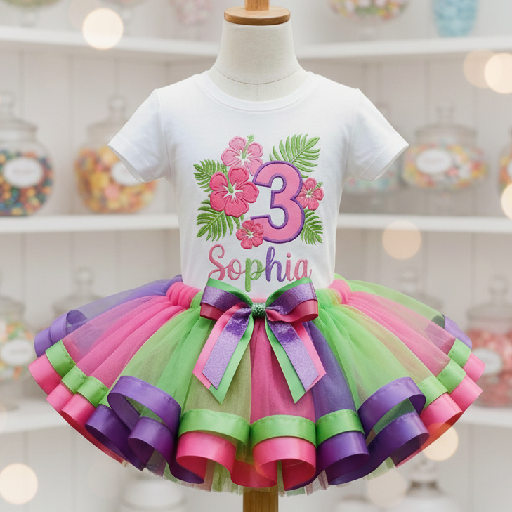 Girls Tutu Outfit Dress Set Hawaiian Flowers Luau Personalized Birthday Party